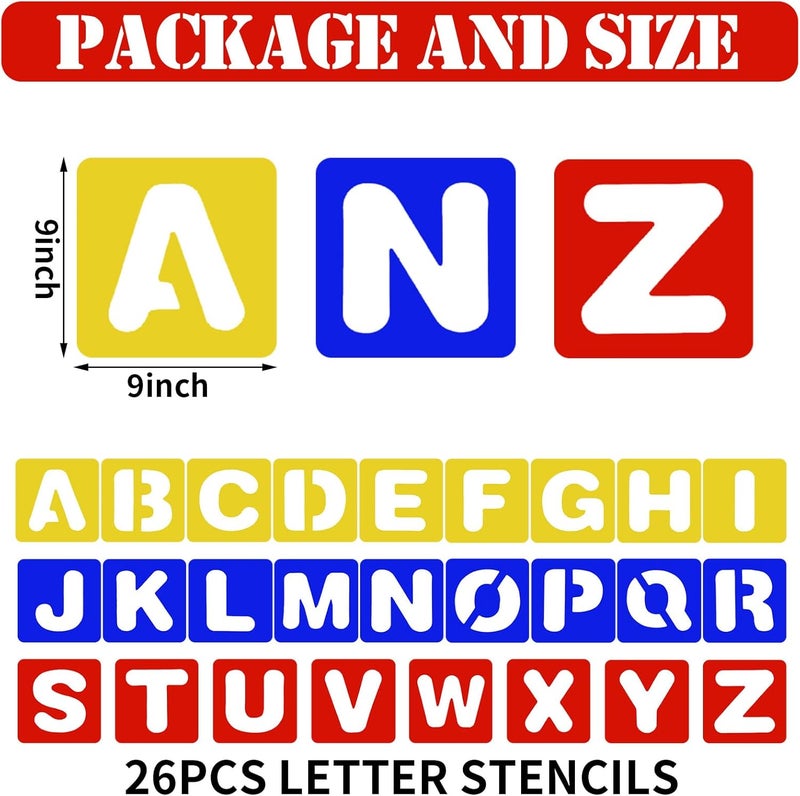 TecUnite 26 Pieces Alphabet Stencils Set Plastic Letter Stencils for Painting Learning, DIY Craft Decoration (9 x 9 Inches) - Image 3
